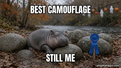 Ploy meme: Best camouflage / Still me (cartoon of Ploy, a slate-grey hippo)