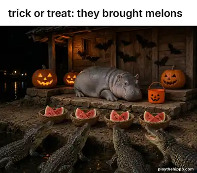 Ploy meme: Trick or treat: they brought melons (cartoon of Ploy, a slate-grey hippo)