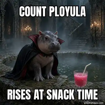 Ploy meme: Count Ployula / Rises at snack time (cartoon of Ploy, a slate-grey hippo)