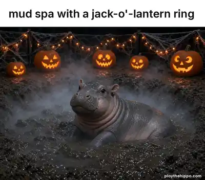 Ploy meme: Mud spa with a jack-o'-lantern ring (cartoon of Ploy, a slate-grey hippo)