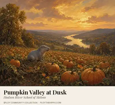 Ploy meme: Pumpkin Valley at Dusk (cartoon of Ploy, a slate-grey hippo)