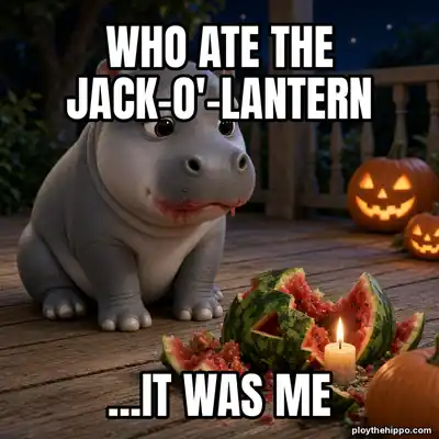 Ploy meme: Who ate the jack-o'-lantern / ...it was me (cartoon of Ploy, a slate-grey hippo)