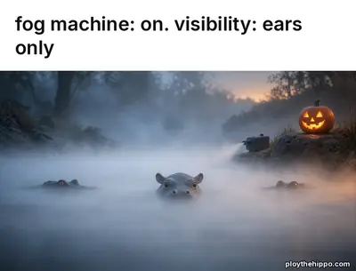Ploy meme: Fog machine: on. visibility: ears only (cartoon of Ploy, a slate-grey hippo)