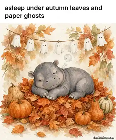 Ploy meme: Asleep under autumn leaves and paper ghosts (cartoon of Ploy, a slate-grey hippo)