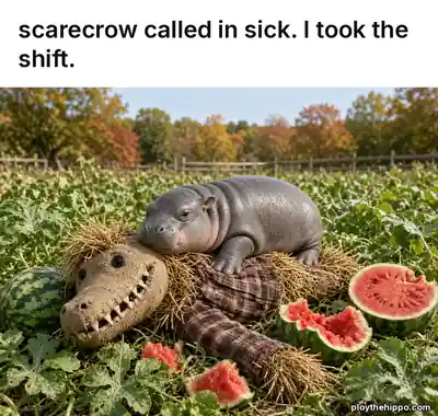 Ploy meme: Scarecrow called in sick. I took the shift. (cartoon of Ploy, a slate-grey hippo)