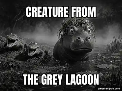 Ploy meme: Creature from / The Grey Lagoon (cartoon of Ploy, a slate-grey hippo)