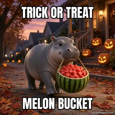 Ploy meme: Trick or treat / Melon bucket (cartoon of Ploy, a slate-grey hippo)