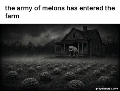 Ploy meme: The army of melons has entered the farm (cartoon of Ploy, a slate-grey hippo)