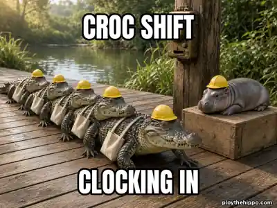 Ploy meme: Croc shift / Clocking in (cartoon of Ploy, a slate-grey hippo)