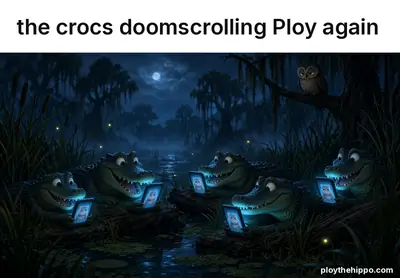 Ploy meme: The crocs doomscrolling Ploy again (cartoon of Ploy, a slate-grey hippo)