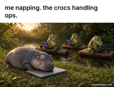 Ploy meme: Me napping. the crocs handling ops. (cartoon of Ploy, a slate-grey hippo)