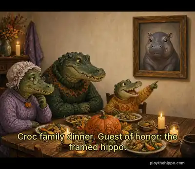 Ploy meme: Croc family dinner. Guest of honor: the framed hippo. (cartoon of Ploy, a slate-grey hippo)