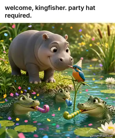 Ploy meme: Welcome, kingfisher. party hat required. (cartoon of Ploy, a slate-grey hippo)