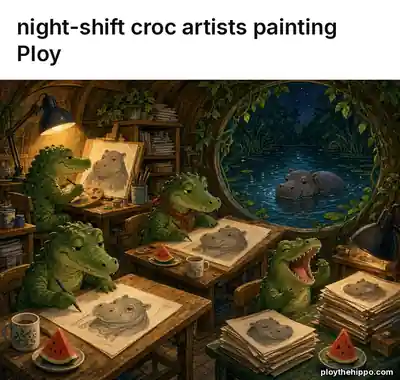 Ploy meme: Night-shift croc artists painting Ploy (cartoon of Ploy, a slate-grey hippo)