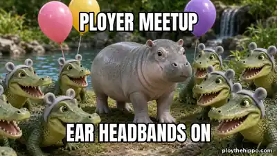 Ploy meme: Ployer meetup / Ear headbands on (cartoon of Ploy, a slate-grey hippo)