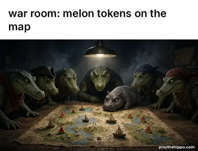 Ploy meme: War room: melon tokens on the map (cartoon of Ploy, a slate-grey hippo)