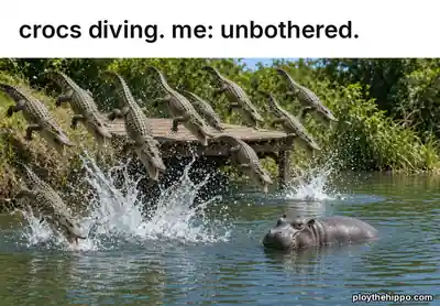 Ploy meme: Crocs diving. me: unbothered. (cartoon of Ploy, a slate-grey hippo)