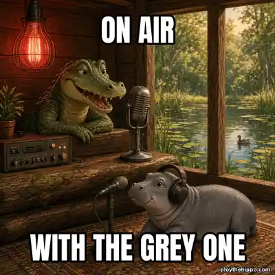 Ploy meme: On air / With the grey one (cartoon of Ploy, a slate-grey hippo)