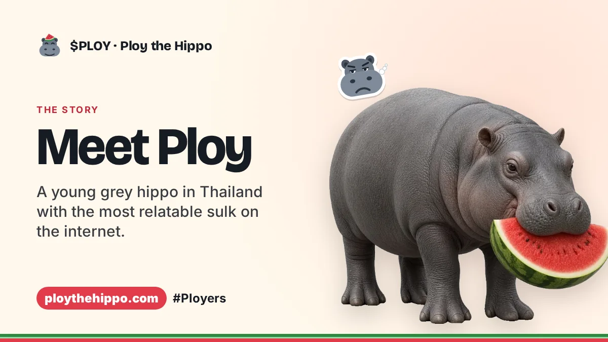 Share card: Ploy the grey hippo with a watermelon, headline Meet Ploy